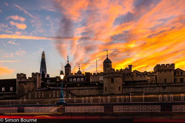Simon Bourne, photography, photographer, north London, portfolio, image, landscape, structures, Nikon, cityscape, long exposure, Tower of London, The Shard, medieval, modern, dusk, sunset, night, red lights, car trails, orange skies, clouds, buildings